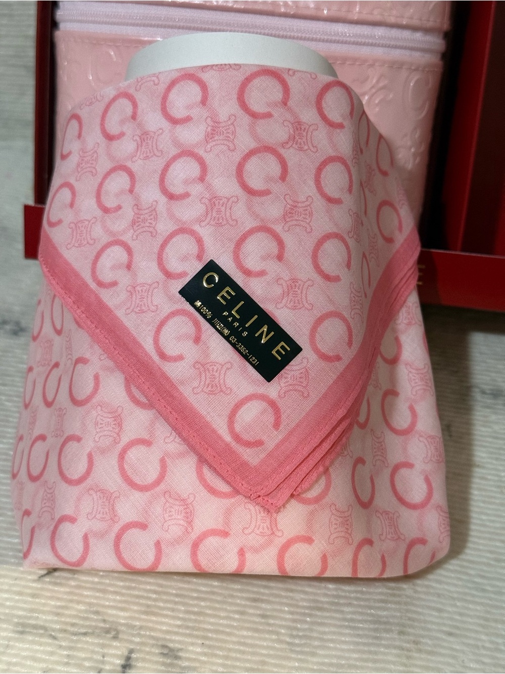 Celine Light Pink Embossed Vanity Cosmetic Case & Cotton Scarf Set - Picture 6 of 11